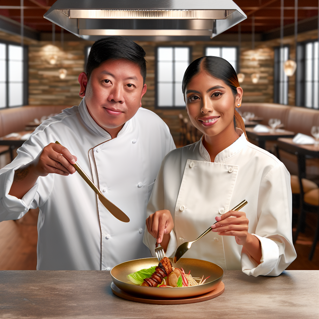 Photorealistic image of an Asian male chef and a female chef preparing a luxurious dinner in a restaurant kitchen,