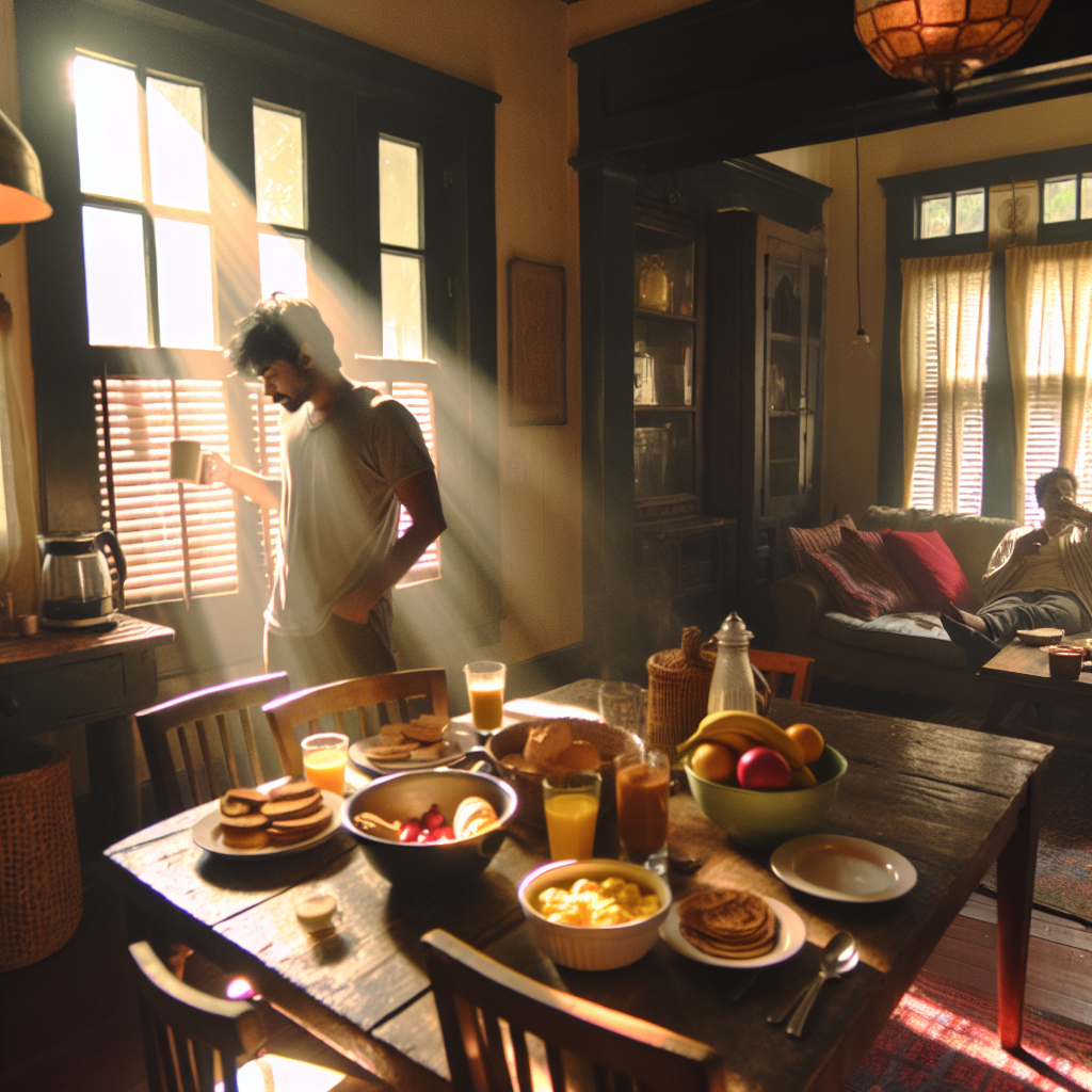 Photorealistic image representing the concept of a lazy brunch. The scene is set in a home interior, possibly in East
